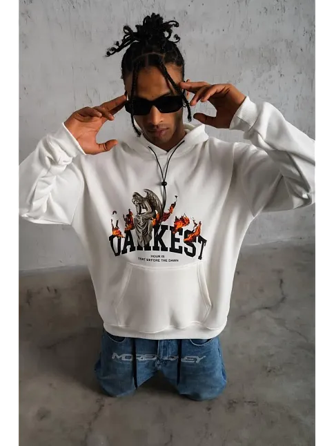 Erkek 3 İplik Pamuklu Kapüşonlu Baskılı Cepli Oversize Sweatshirt Hoodie - Beyaz