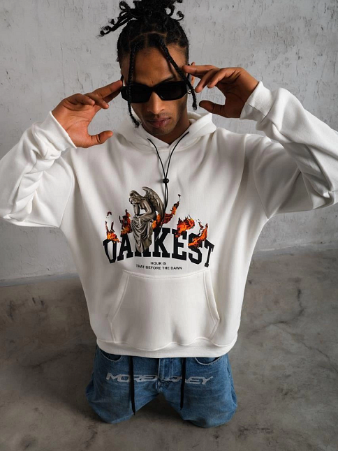 Erkek 3 İplik Pamuklu Kapüşonlu Baskılı Cepli Oversize Sweatshirt Hoodie - Beyaz