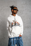 Erkek 3 İplik Pamuklu Kapüşonlu Baskılı Cepli Oversize Sweatshirt Hoodie - Beyaz