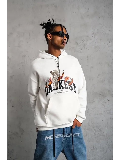 Erkek 3 İplik Pamuklu Kapüşonlu Baskılı Cepli Oversize Sweatshirt Hoodie - Beyaz