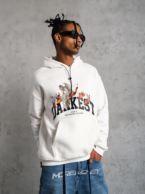 Erkek 3 İplik Pamuklu Kapüşonlu Baskılı Cepli Oversize Sweatshirt Hoodie - Beyaz