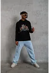 Erkek 3 İplik Pamuklu Kapüşonlu Baskılı Cepli Oversize Sweatshirt Hoodie - Siyah