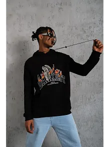 Erkek 3 İplik Pamuklu Kapüşonlu Baskılı Cepli Oversize Sweatshirt Hoodie - Siyah