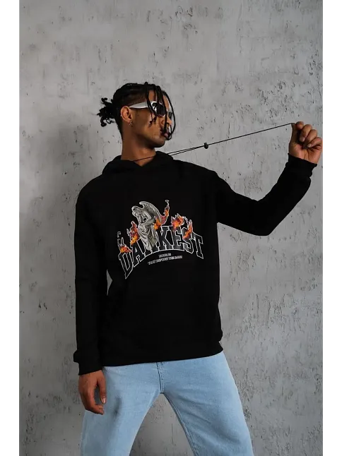 Erkek 3 İplik Pamuklu Kapüşonlu Baskılı Cepli Oversize Sweatshirt Hoodie - Siyah
