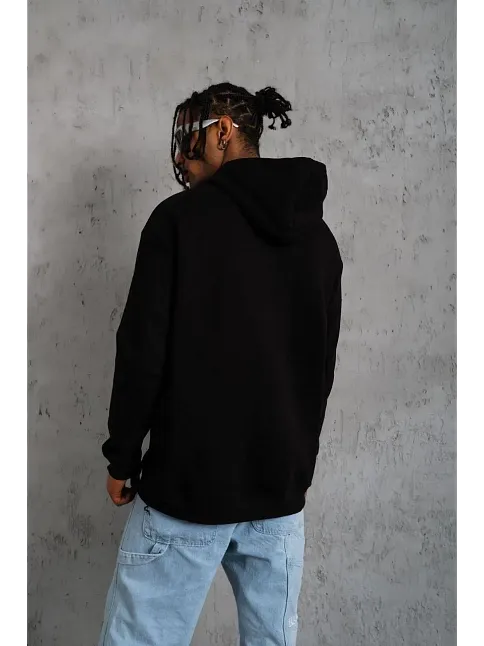 Erkek 3 İplik Pamuklu Kapüşonlu Baskılı Cepli Oversize Sweatshirt Hoodie - Siyah