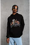 Erkek 3 İplik Pamuklu Kapüşonlu Baskılı Cepli Oversize Sweatshirt Hoodie - Siyah
