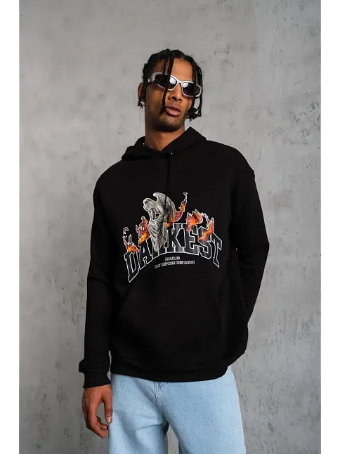 Erkek 3 İplik Pamuklu Kapüşonlu Baskılı Cepli Oversize Sweatshirt Hoodie - Siyah