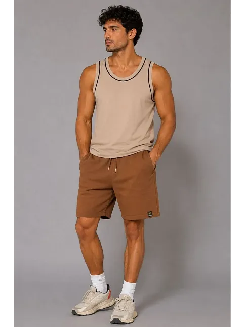 Erkek Dokuma Kumaş Cepli Bağcıklı Regular Fit Yazlık Şort - Kahverengi