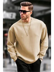 Erkek Düz Bisiklet Yaka 3 İplik Pamuklu Sweatshirt - Bej