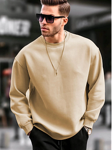 Erkek Düz Bisiklet Yaka 3 İplik Pamuklu Sweatshirt - Bej
