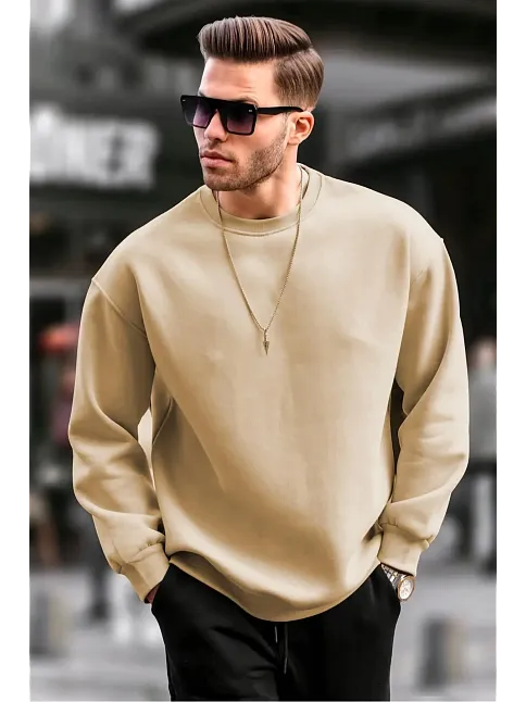 Erkek Düz Bisiklet Yaka 3 İplik Pamuklu Sweatshirt - Bej