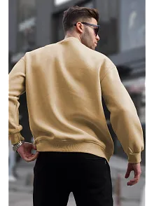 Erkek Düz Bisiklet Yaka 3 İplik Pamuklu Sweatshirt - Bej