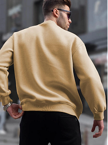 Erkek Düz Bisiklet Yaka 3 İplik Pamuklu Sweatshirt - Bej