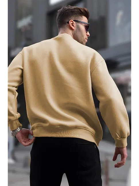 Erkek Düz Bisiklet Yaka 3 İplik Pamuklu Sweatshirt - Bej