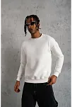 Erkek Düz Bisiklet Yaka 3 İplik Pamuklu Sweatshirt - Beyaz