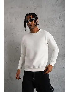 Erkek Düz Bisiklet Yaka 3 İplik Pamuklu Sweatshirt - Beyaz
