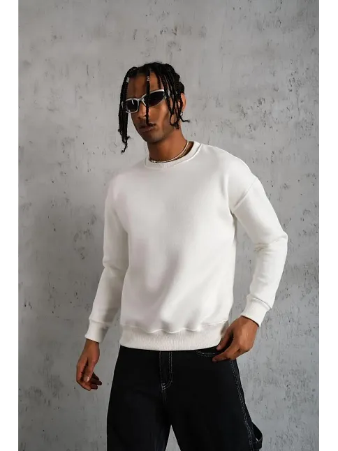 Erkek Düz Bisiklet Yaka 3 İplik Pamuklu Sweatshirt - Beyaz