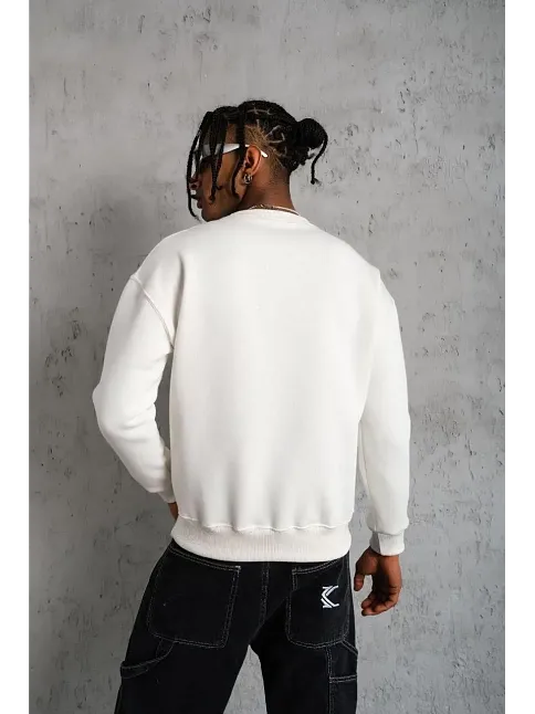 Erkek Düz Bisiklet Yaka 3 İplik Pamuklu Sweatshirt - Beyaz