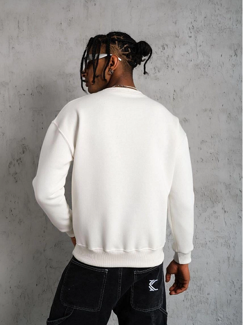 Erkek Düz Bisiklet Yaka 3 İplik Pamuklu Sweatshirt - Beyaz