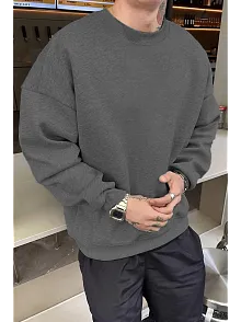 Erkek Düz Bisiklet Yaka 3 İplik Pamuklu Sweatshirt - Füme