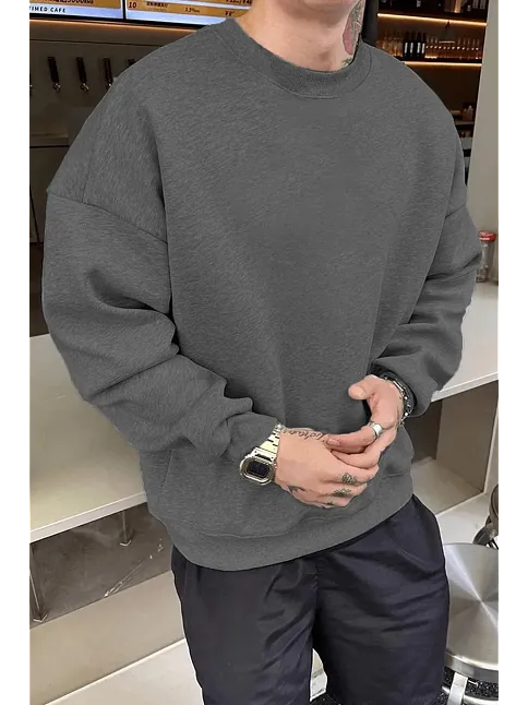 Erkek Düz Bisiklet Yaka 3 İplik Pamuklu Sweatshirt - Füme