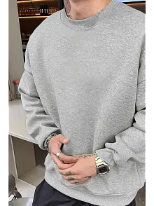 Erkek Düz Bisiklet Yaka 3 İplik Pamuklu Sweatshirt - Gri