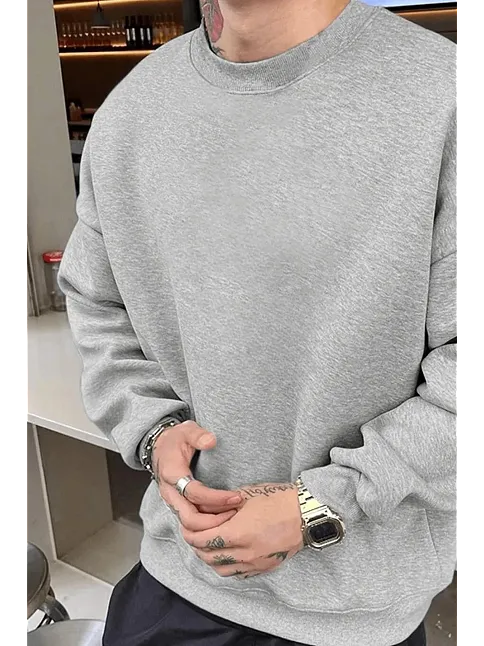Erkek Düz Bisiklet Yaka 3 İplik Pamuklu Sweatshirt - Gri