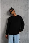 Erkek Bisiklet Yaka Baskılı 3 İplik Pamuklu Sweatshirt -  Siyah
