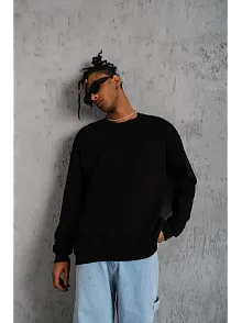 Erkek Bisiklet Yaka Baskılı 3 İplik Pamuklu Sweatshirt -  Siyah