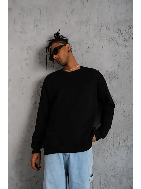 Erkek Bisiklet Yaka Baskılı 3 İplik Pamuklu Sweatshirt -  Siyah