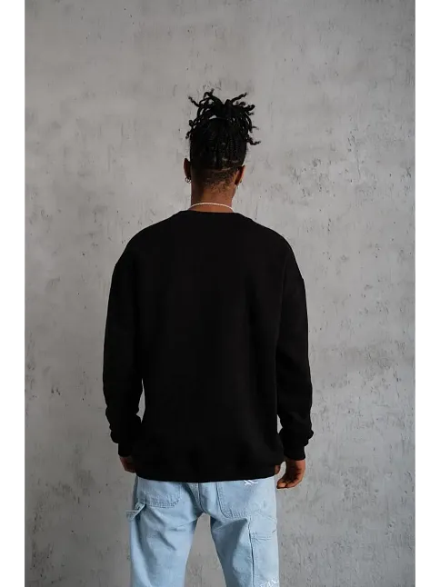 Erkek Bisiklet Yaka Baskılı 3 İplik Pamuklu Sweatshirt -  Siyah