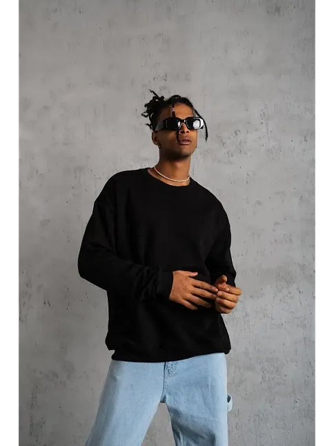 Erkek Bisiklet Yaka Baskılı 3 İplik Pamuklu Sweatshirt -  Siyah