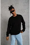 Erkek Bisiklet Yaka Baskılı 3 İplik Pamuklu Sweatshirt -  Siyah