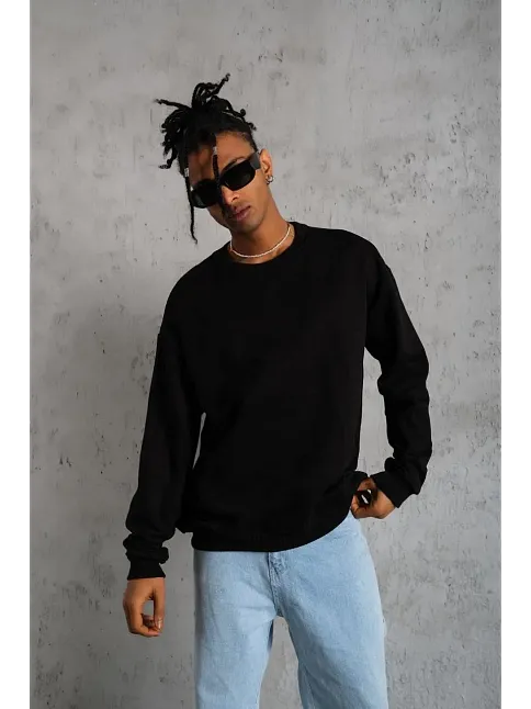 Erkek Bisiklet Yaka Baskılı 3 İplik Pamuklu Sweatshirt -  Siyah