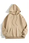 Erkek 3 İplik Pamuklu Kapüşonlu Kanguru Cepli Sweatshirt Hoodie -  Bej