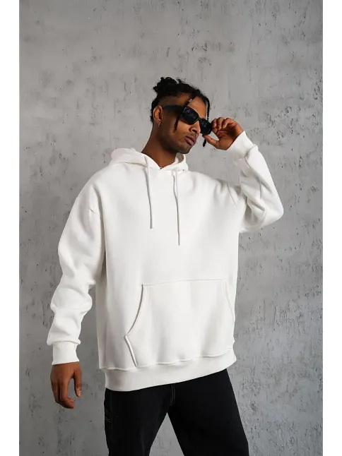 Erkek 3 İplik Pamuklu Kapüşonlu Kanguru Cepli Sweatshirt Hoodie - Beyaz