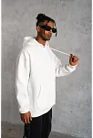 Erkek 3 İplik Pamuklu Kapüşonlu Kanguru Cepli Sweatshirt Hoodie - Beyaz