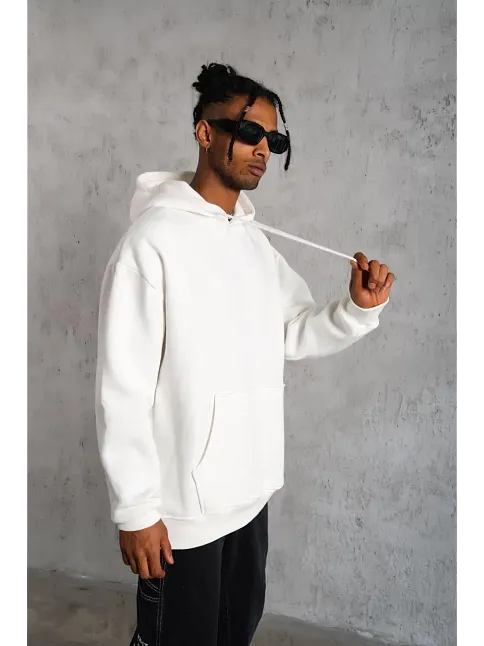 Erkek 3 İplik Pamuklu Kapüşonlu Kanguru Cepli Sweatshirt Hoodie - Beyaz
