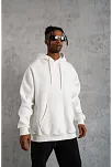 Erkek 3 İplik Pamuklu Kapüşonlu Kanguru Cepli Sweatshirt Hoodie - Beyaz