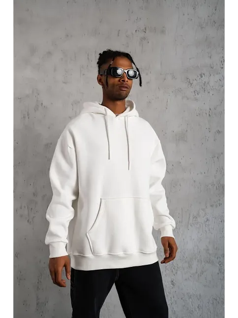 Erkek 3 İplik Pamuklu Kapüşonlu Kanguru Cepli Sweatshirt Hoodie - Beyaz