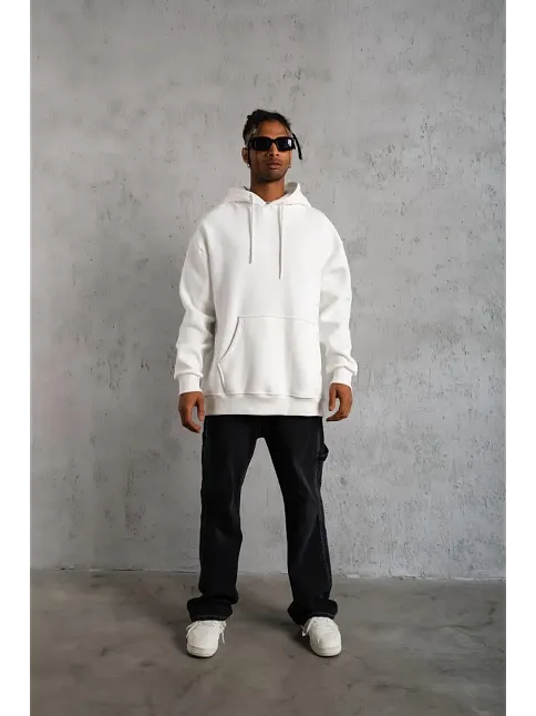 Erkek 3 İplik Pamuklu Kapüşonlu Kanguru Cepli Sweatshirt Hoodie - Beyaz