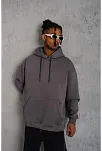 Erkek 3 İplik Pamuklu Kapüşonlu Kanguru Cepli Sweatshirt Hoodie - Gri