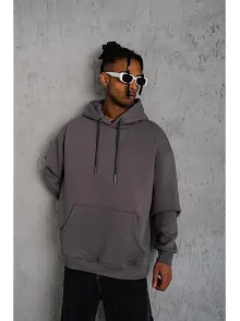 Erkek 3 İplik Pamuklu Kapüşonlu Kanguru Cepli Sweatshirt Hoodie - Gri