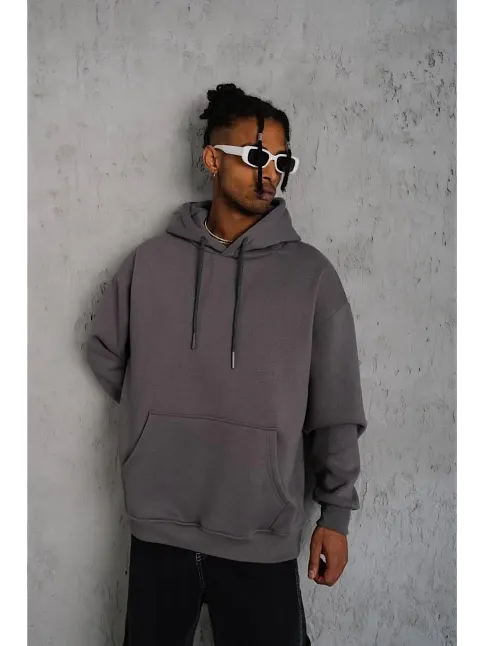 Erkek 3 İplik Pamuklu Kapüşonlu Kanguru Cepli Sweatshirt Hoodie - Gri