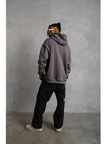 Erkek 3 İplik Pamuklu Kapüşonlu Kanguru Cepli Sweatshirt Hoodie - Gri