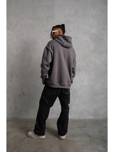 Erkek 3 İplik Pamuklu Kapüşonlu Kanguru Cepli Sweatshirt Hoodie - Gri