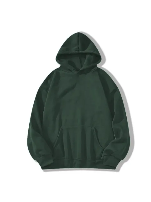 Erkek 3 İplik Pamuklu Kapüşonlu Kanguru Cepli Sweatshirt Hoodie -  Koyu Yeşil