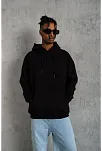 Erkek 3 İplik Pamuklu Kapüşonlu Kanguru Cepli Sweatshirt Hoodie -  Siyah