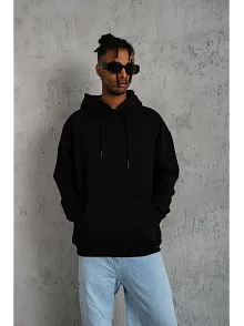 Erkek 3 İplik Pamuklu Kapüşonlu Kanguru Cepli Sweatshirt Hoodie -  Siyah