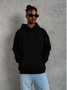 Erkek 3 İplik Pamuklu Kapüşonlu Kanguru Cepli Sweatshirt Hoodie -  Siyah
